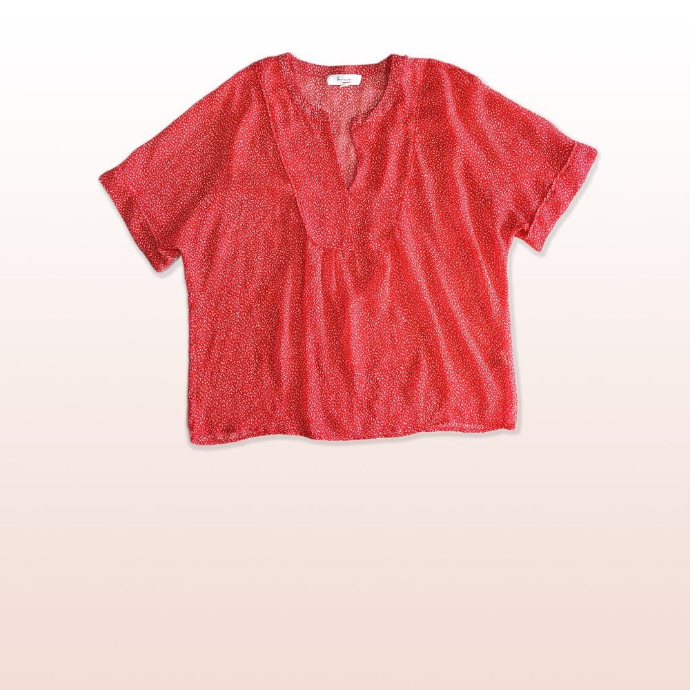 Vince Camuto Sheer Coral & White Ditsy Print Short Sleeve Blouse Size M